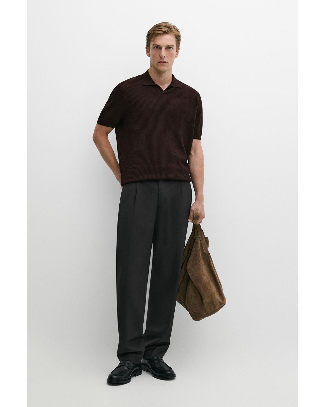 MASSIMO DUTTI Black Wool Blend Short Sleeve Knit Polo for men