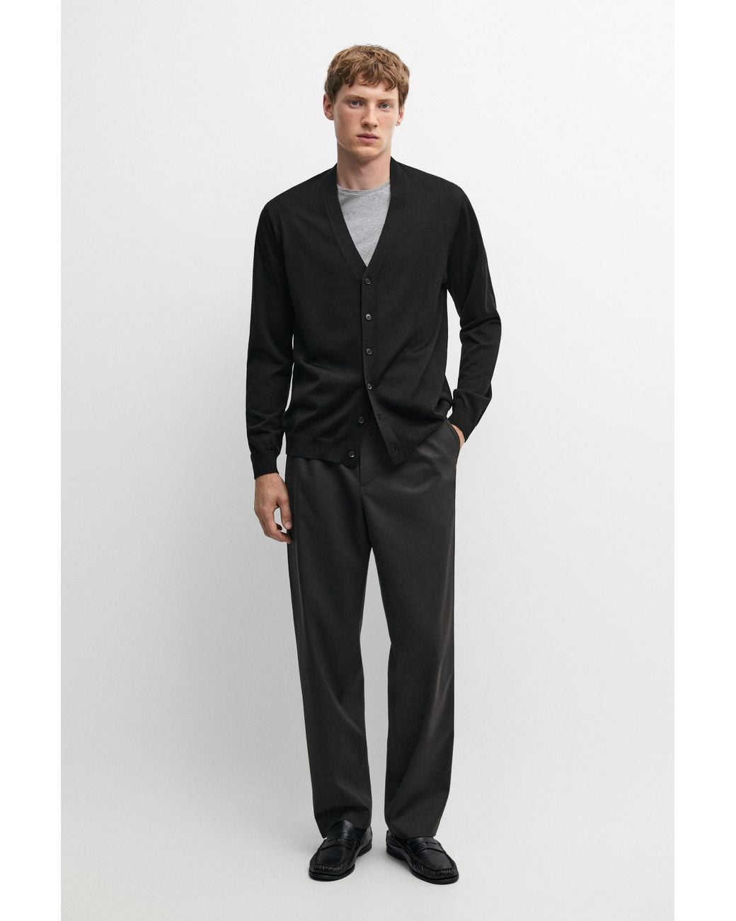 MASSIMO DUTTI Black Merino Wool Button-Up Cardigan for men