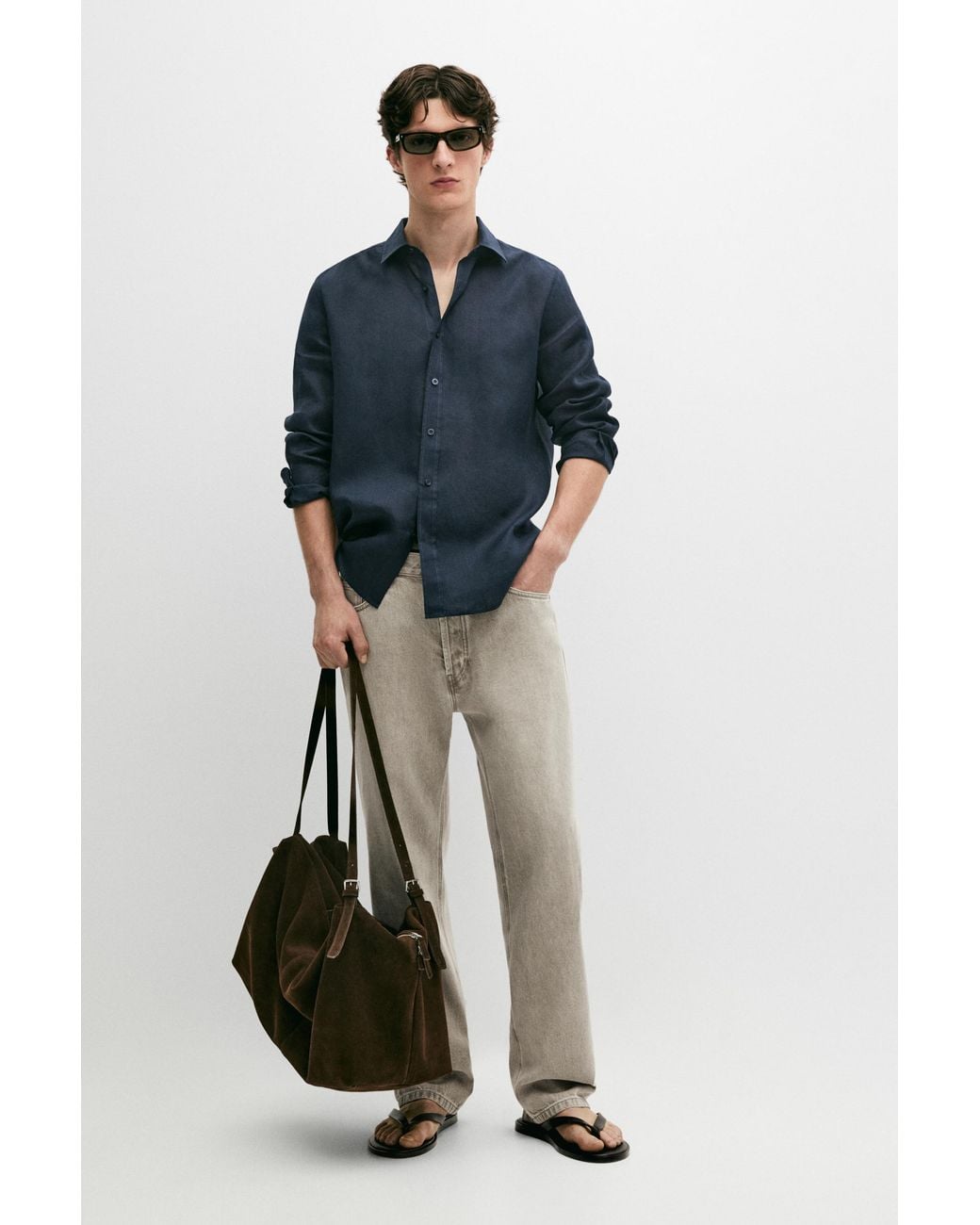 MASSIMO DUTTI Blue 100% Linen Slim Fit Shirt for men