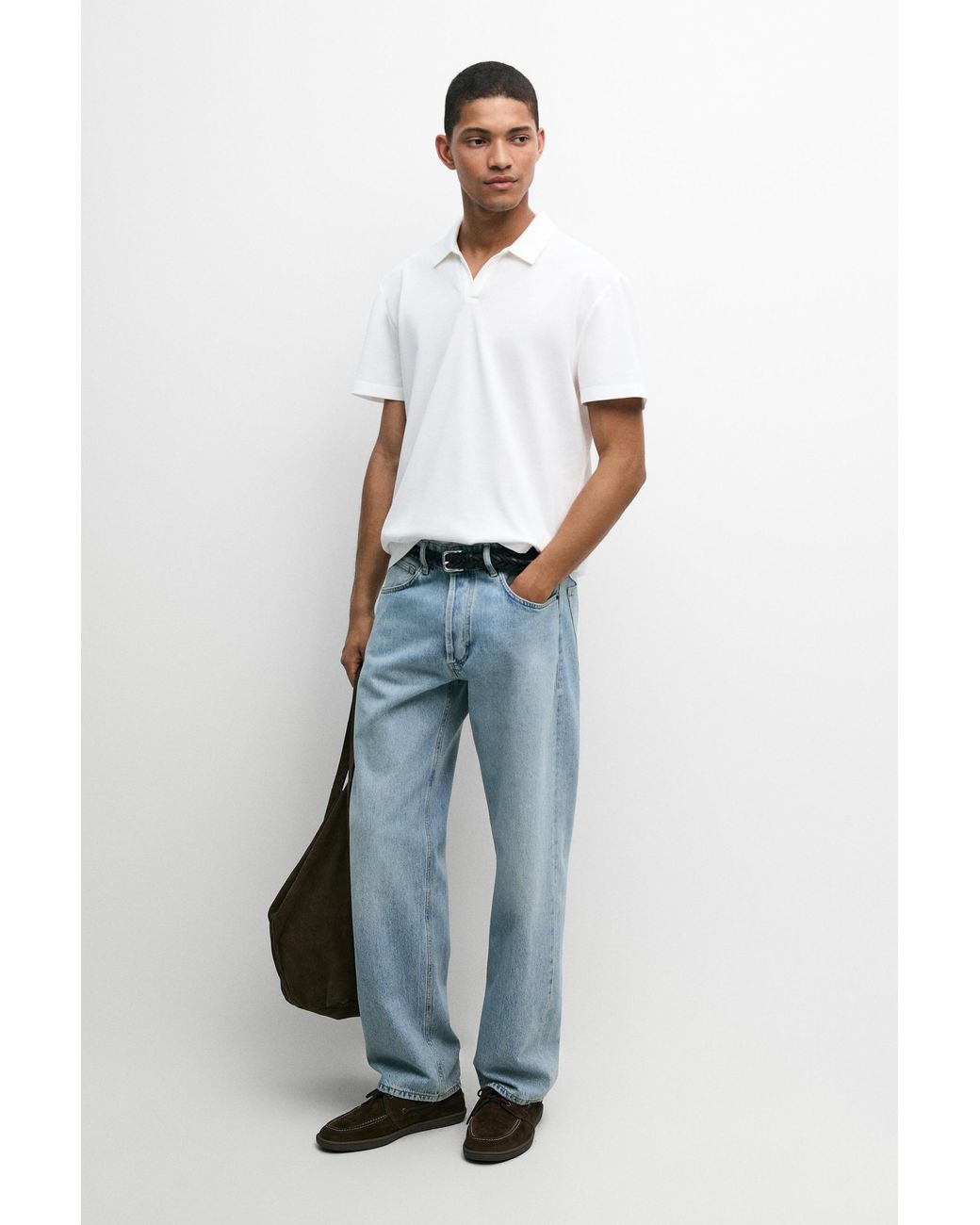 MASSIMO DUTTI Blue Micro-Textured V-Neck Piqué Polo Shirt for men