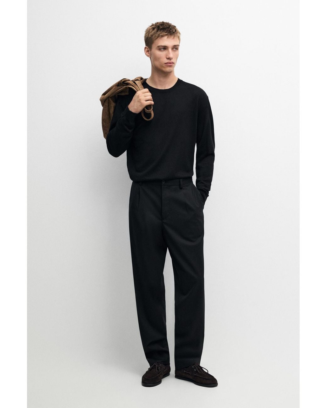 MASSIMO DUTTI Black Knit 100% Cashmere Round Neck Sweater for men