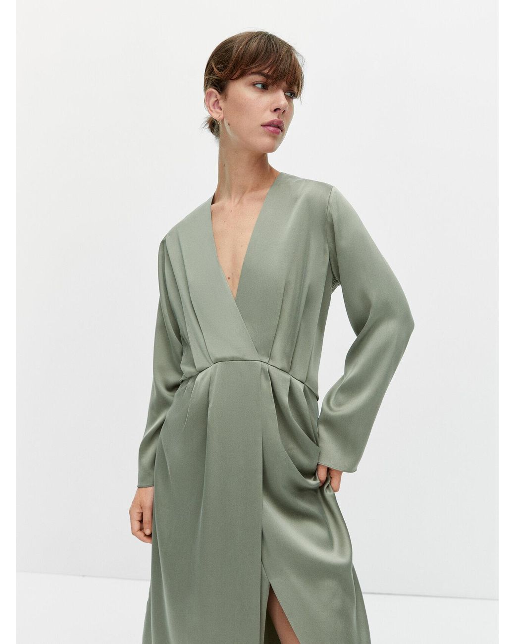 MASSIMO DUTTI Long Silk Dress With Shirring Detail in Khaki (Natural) | Lyst