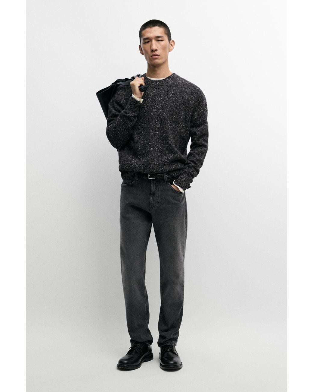 MASSIMO DUTTI Black Flecked Wool Blend Knit Sweater for men