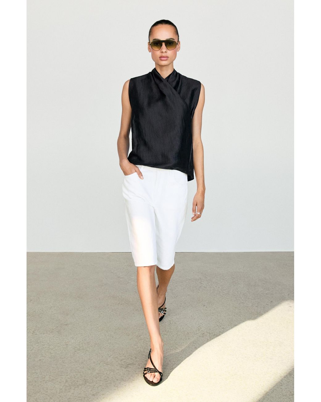 MASSIMO DUTTI Black Linen Blend Sleeveless Crossover Top