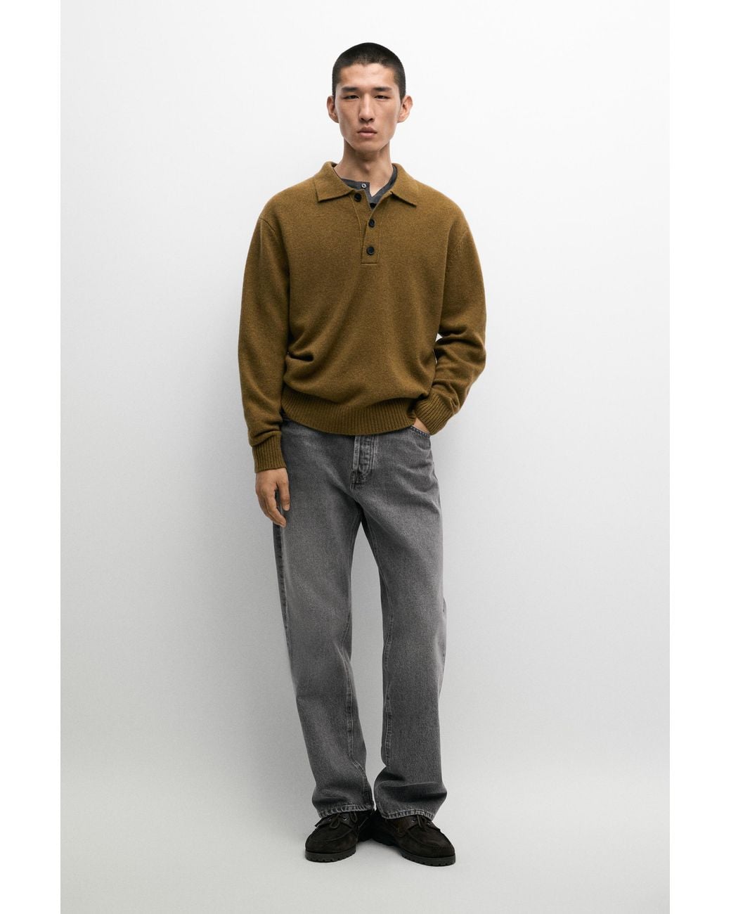 MASSIMO DUTTI Green 100% Wool Knit Polo Sweater With Button Detail for men