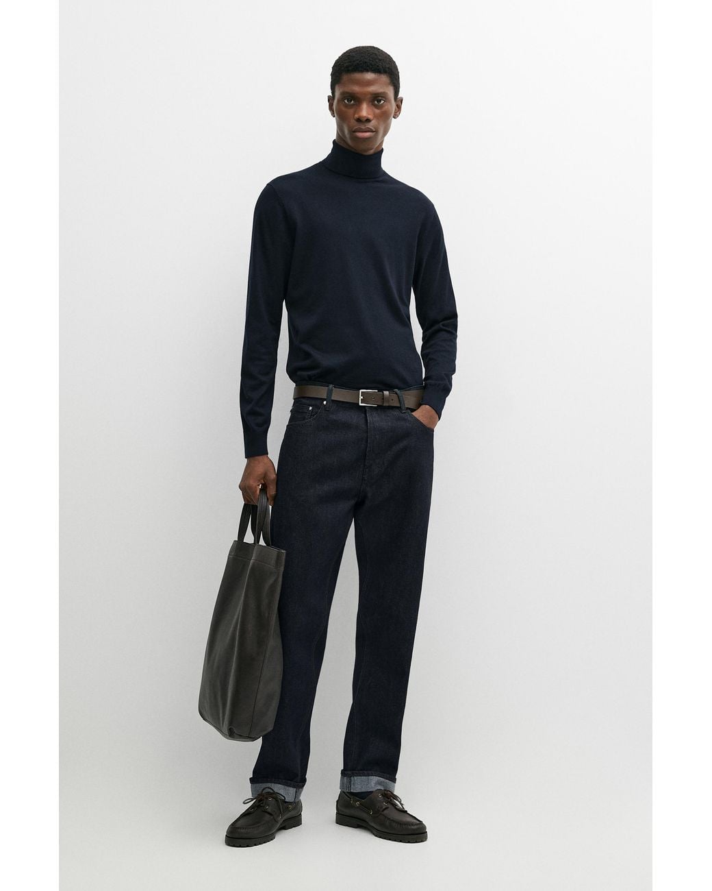 MASSIMO DUTTI Blue Cotton Blend High Neck Knit Sweater for men