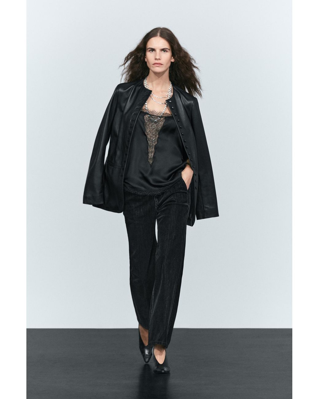 MASSIMO DUTTI Black Lace Detail Camisole Top With Thin Straps
