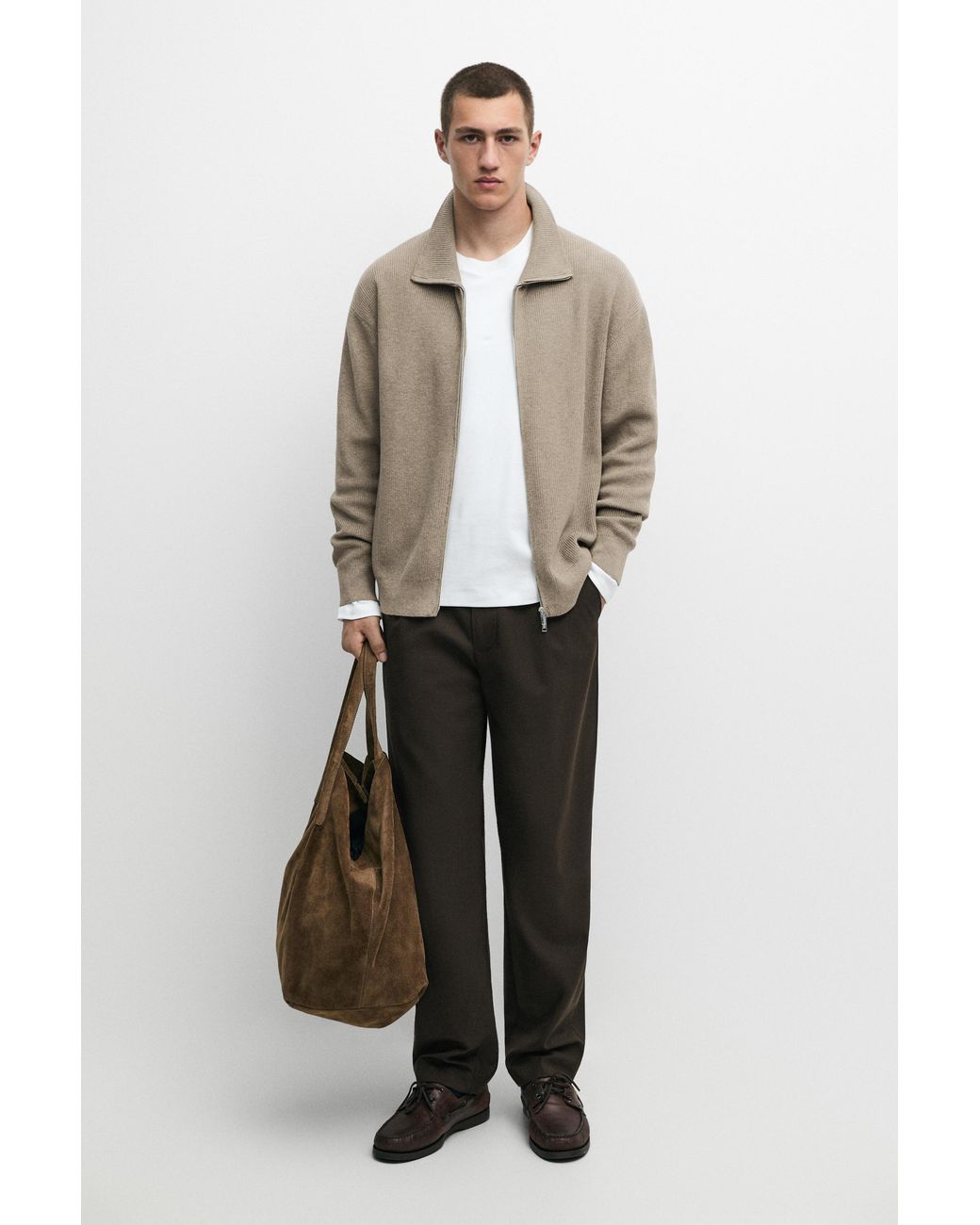 MASSIMO DUTTI White 100% Cotton Ribbed Knit Cardigan for men