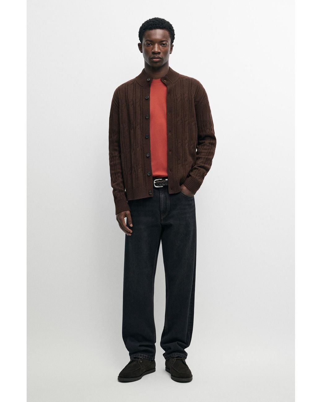 MASSIMO DUTTI Brown Wool Blend Cable Knit Cardigan for men
