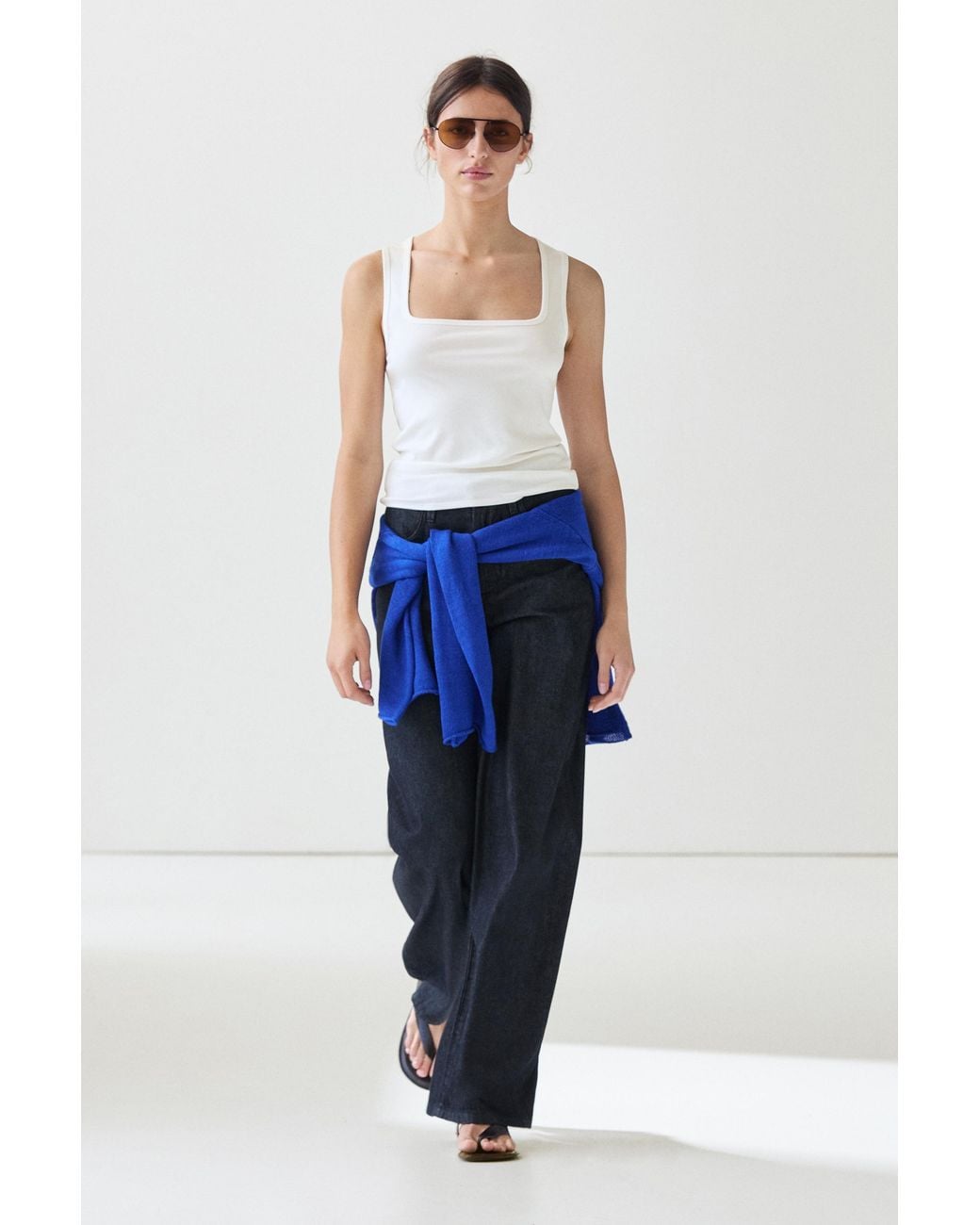 MASSIMO DUTTI Blue Cotton Blend Square Neck Top