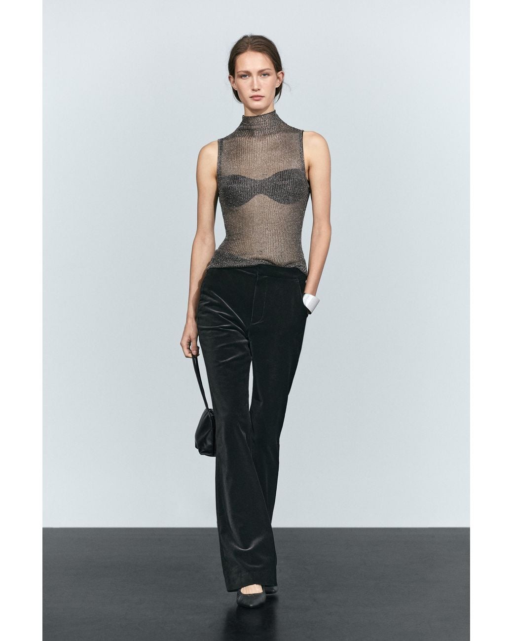 MASSIMO DUTTI White Metallic Detail Mock Turtleneck Top