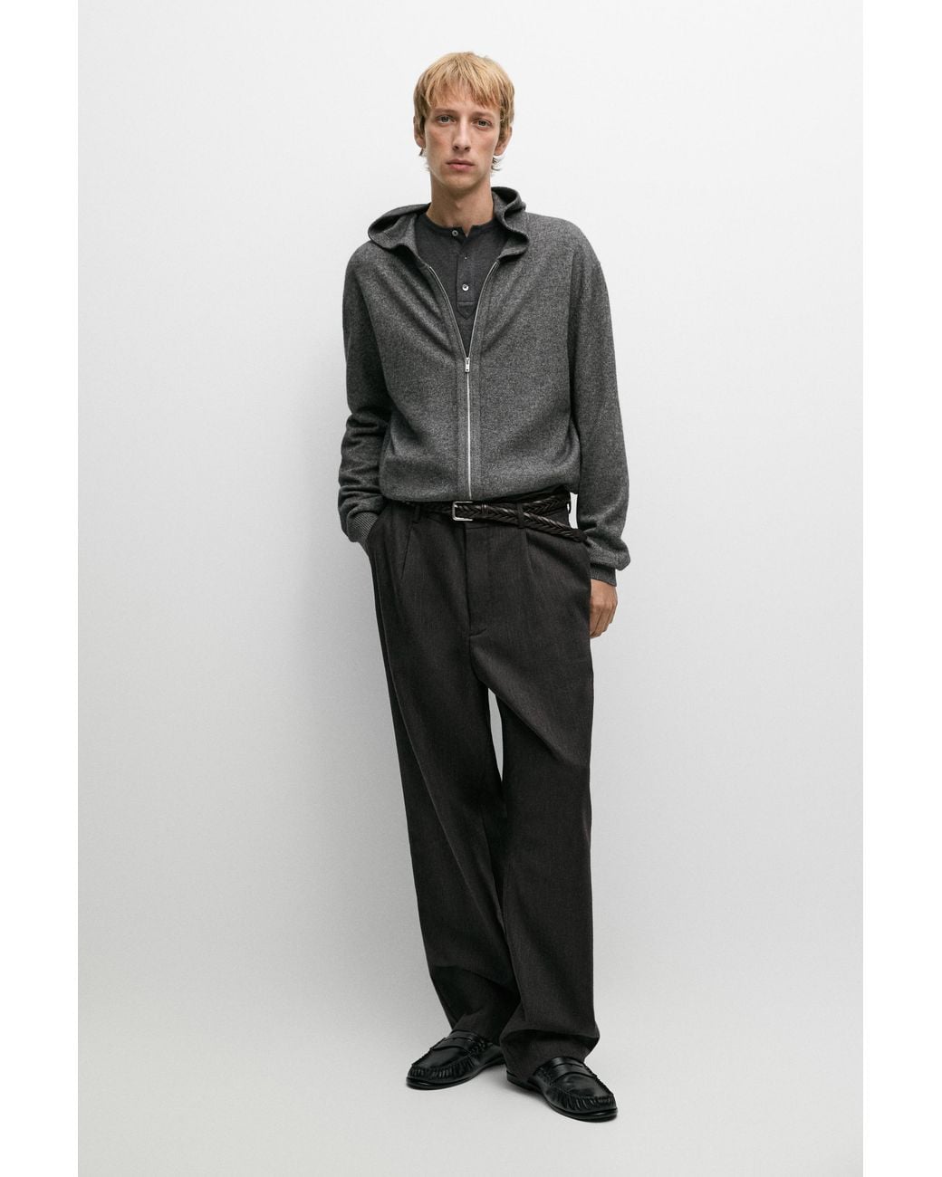 MASSIMO DUTTI Black Wool Blend Knit Hooded Cardigan for men