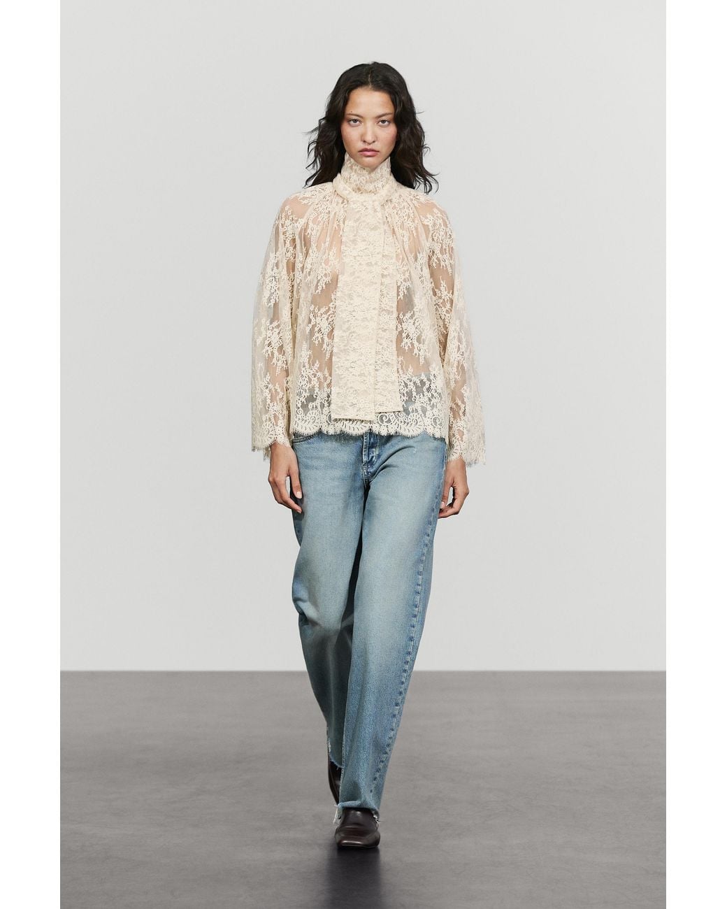 MASSIMO DUTTI Natural Flowing Lace Blouse With Tie