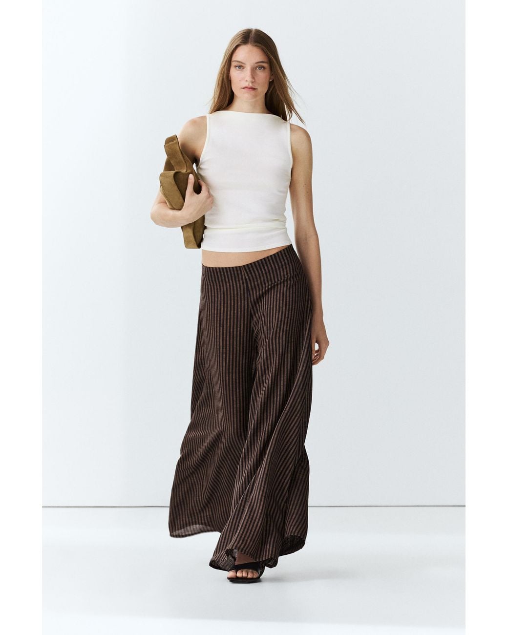 MASSIMO DUTTI White Striped Flowing Linen Blend Skort