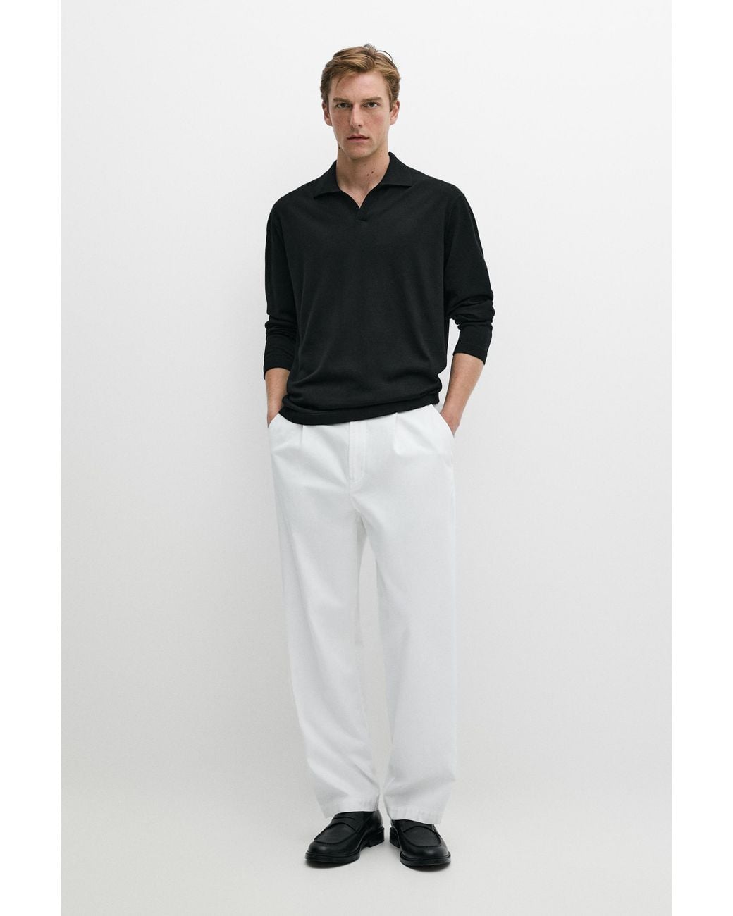 MASSIMO DUTTI Black 100% Merino Wool Knit Polo Sweater for men