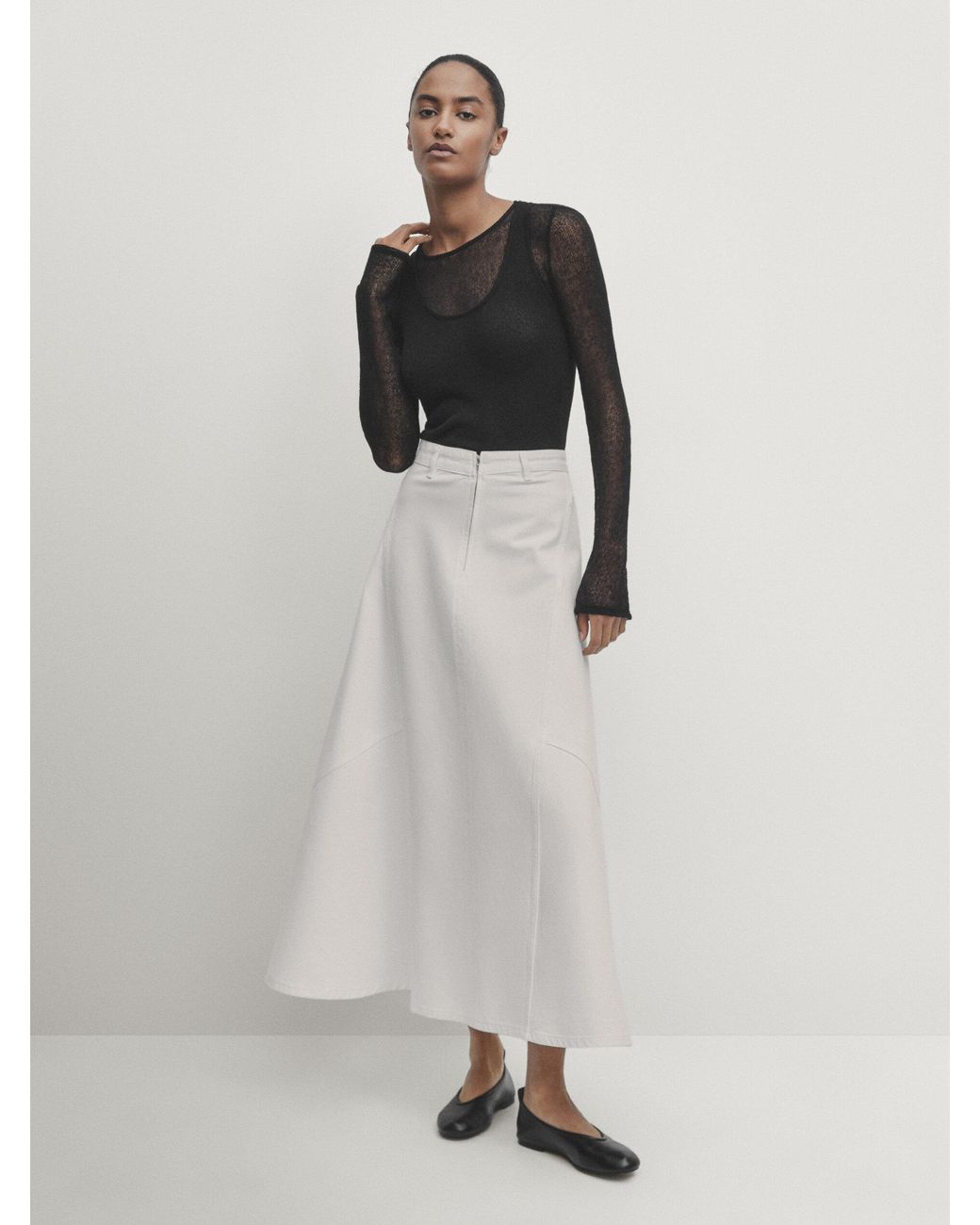 MASSIMO DUTTI Denim Flounce Midi Skirt in White | Lyst UK