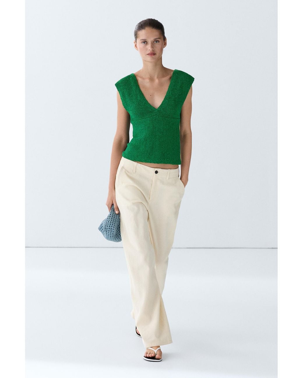 MASSIMO DUTTI Green Cotton Blend V-Neck Knit Top