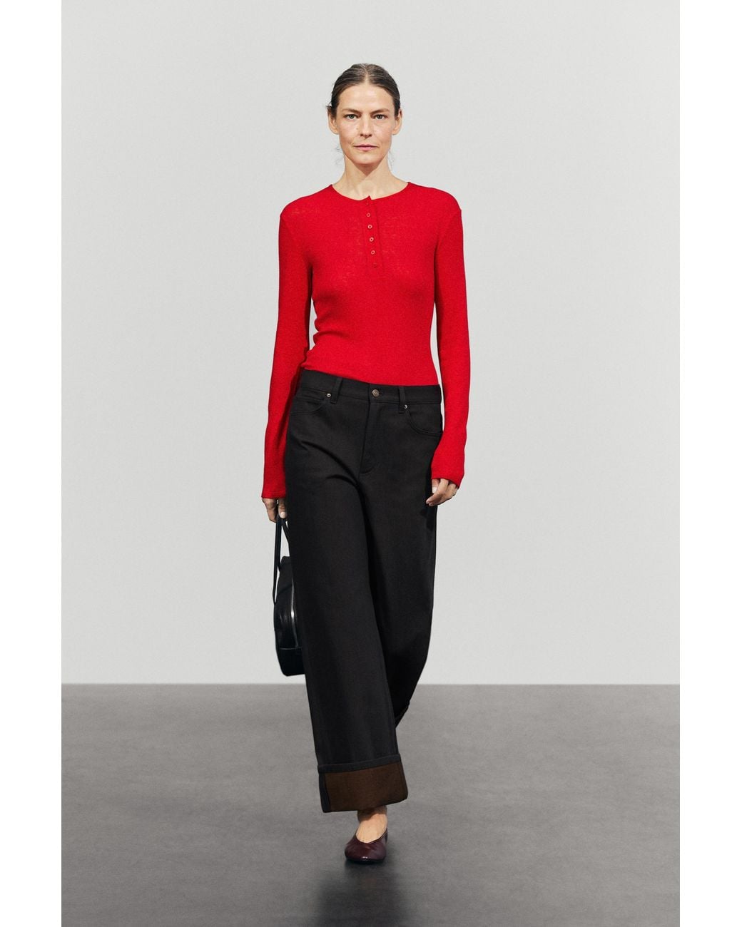 MASSIMO DUTTI Red Wide-Leg Mid-Waist Jeans With Turn-Up Detail