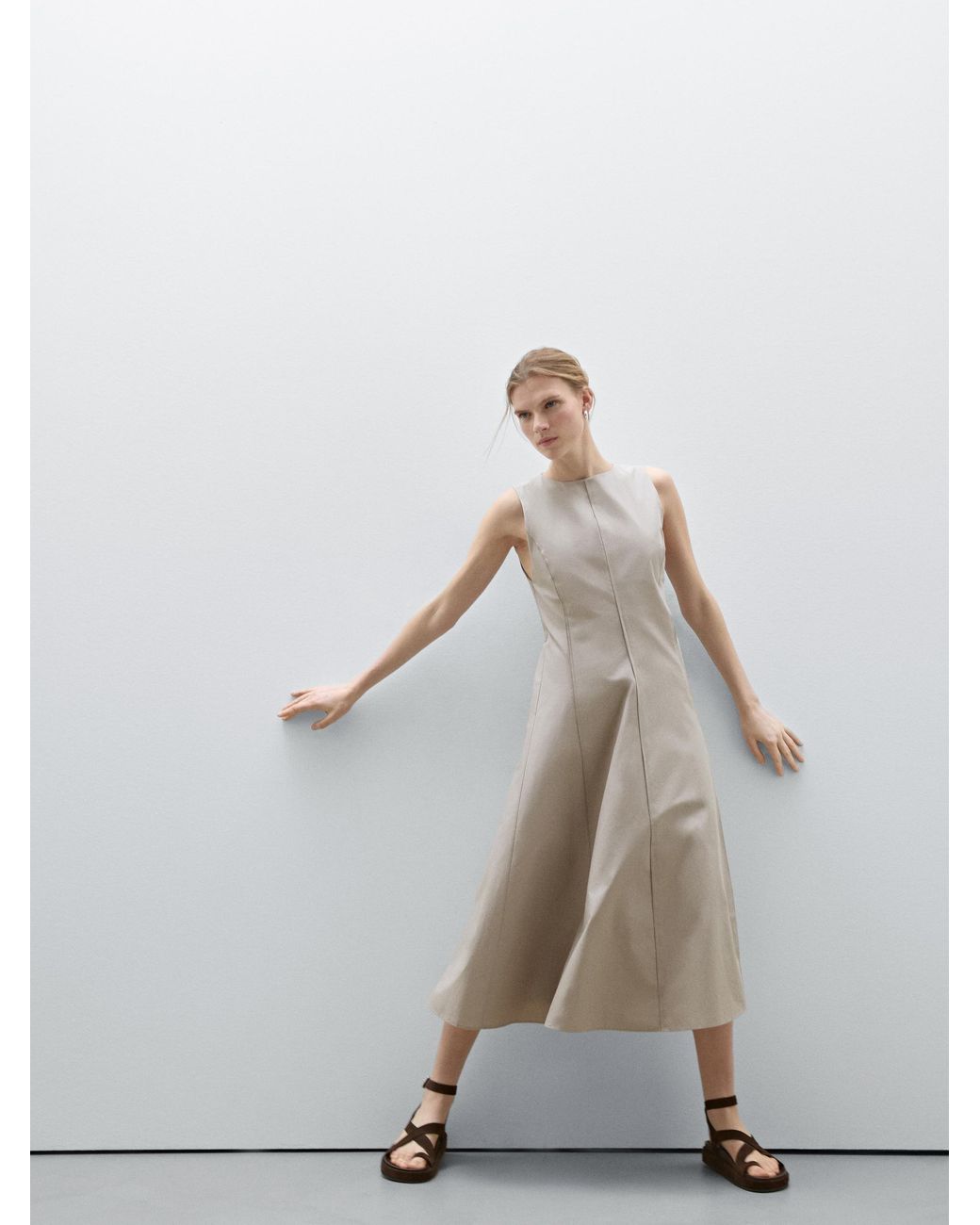 ★ Massimo Dutti★ Cotton blend flounce midi dress 06632585 MASSIMO DUTTI Poplin Flounce Midi Dress in Natural | Lyst UK