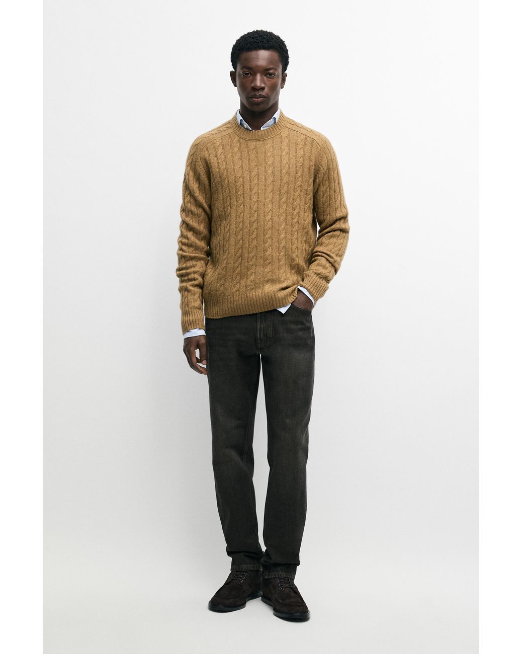 MASSIMO DUTTI Natural Wool Blend Cable Knit Sweater for men