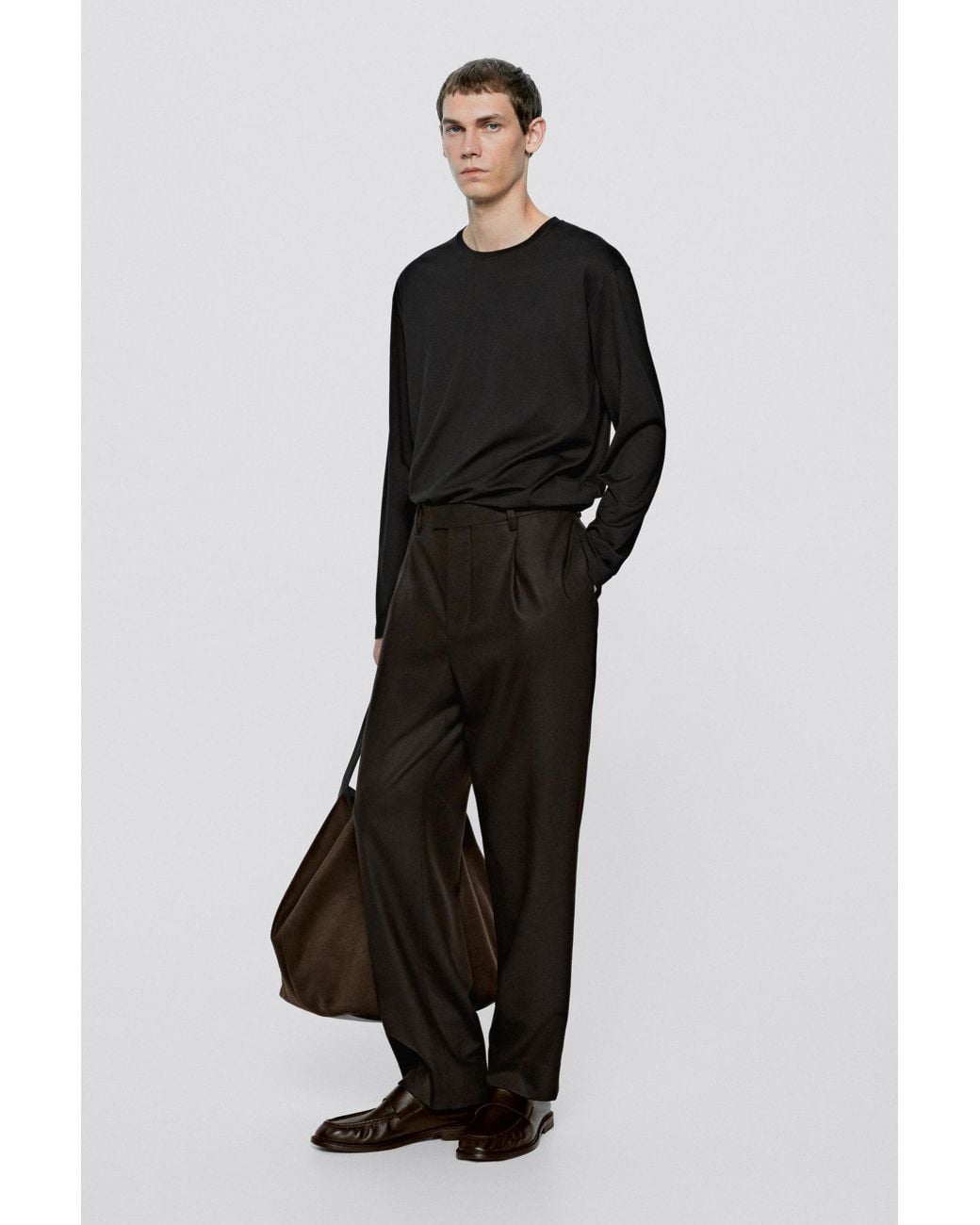 MASSIMO DUTTI Black 100% Cotton Long Sleeve T-Shirt for men