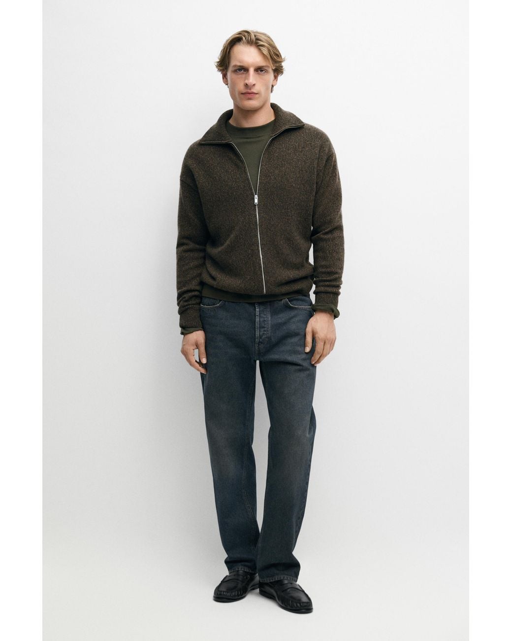 MASSIMO DUTTI Black 100% Wool Zip-Up Knit Cardigan for men
