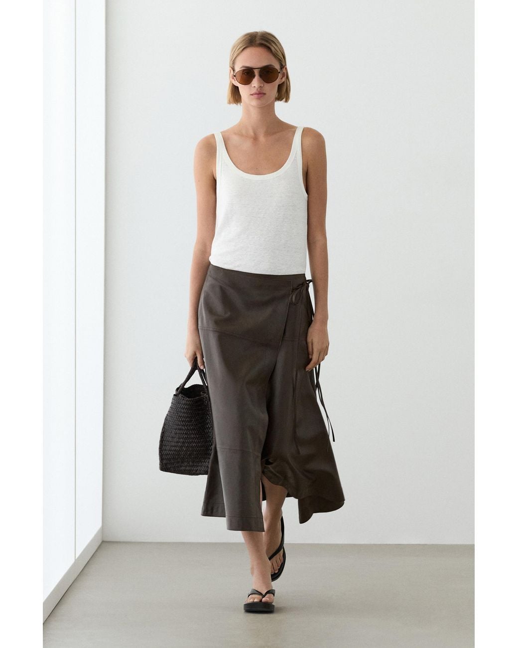 MASSIMO DUTTI White Nappa Leather Midi Skirt With Tie Detail