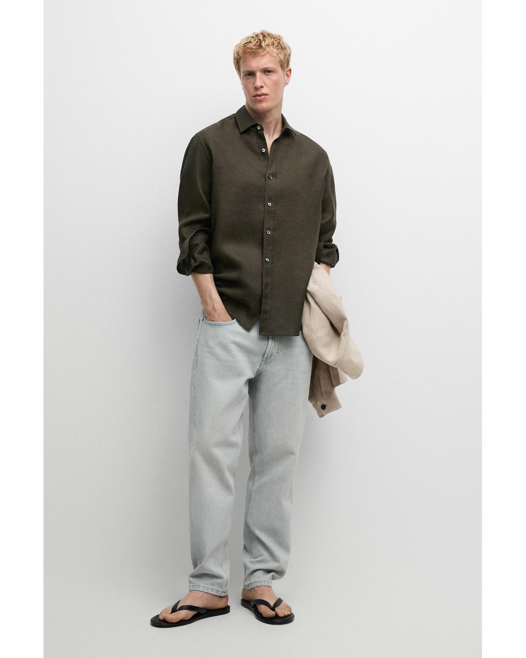 MASSIMO DUTTI Brown Regular Fit 100% Linen Shirt for men