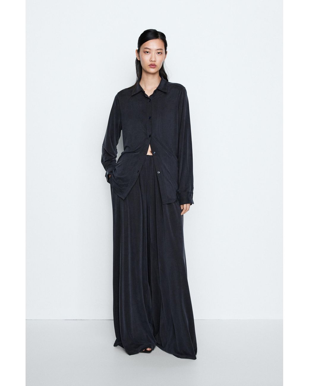 MASSIMO DUTTI Blue Pleated Flowing Wide-Leg Pants