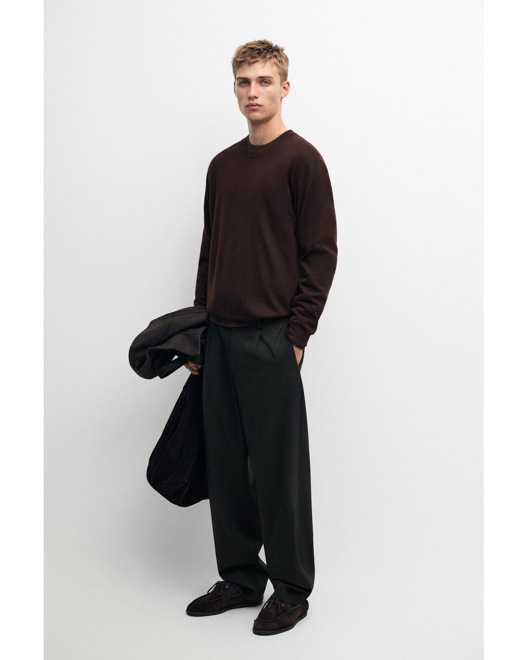MASSIMO DUTTI Black Knit 100% Cashmere Round Neck Sweater for men