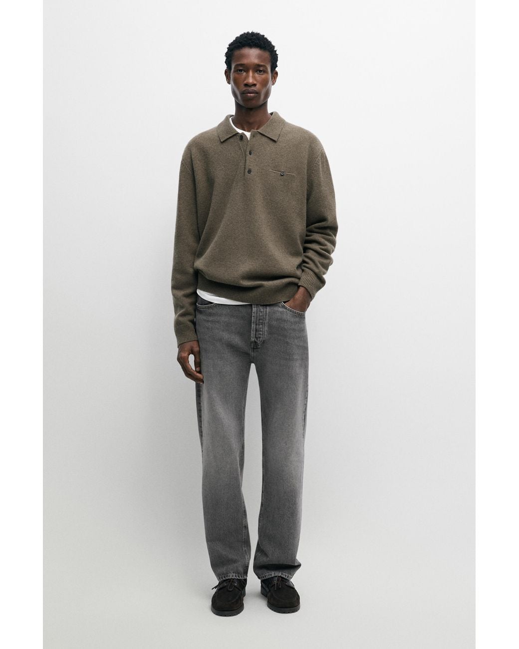MASSIMO DUTTI Natural 100% Wool Knit Polo Collar Sweater for men