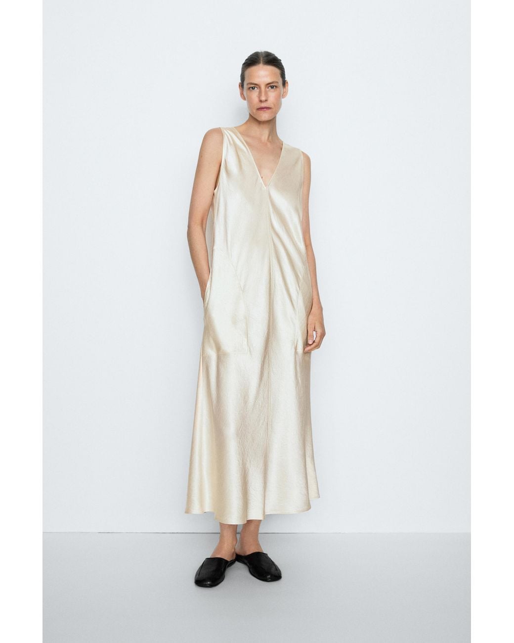 MASSIMO DUTTI White Satin Flowing Midi Dress