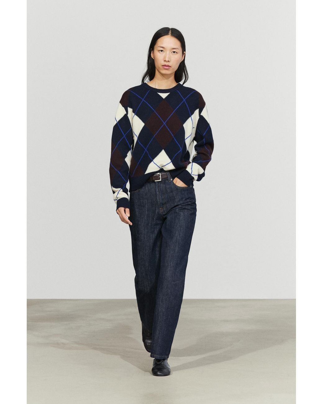 MASSIMO DUTTI Blue 100% Wool Knit Sweater With Argyle Detail