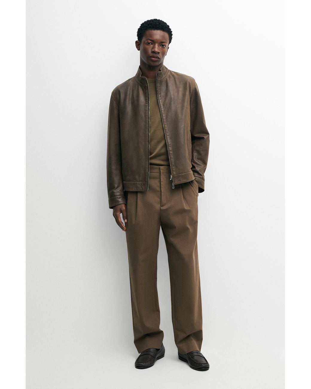 MASSIMO DUTTI Green Nappa Leather Jacket With Neck Detail for men