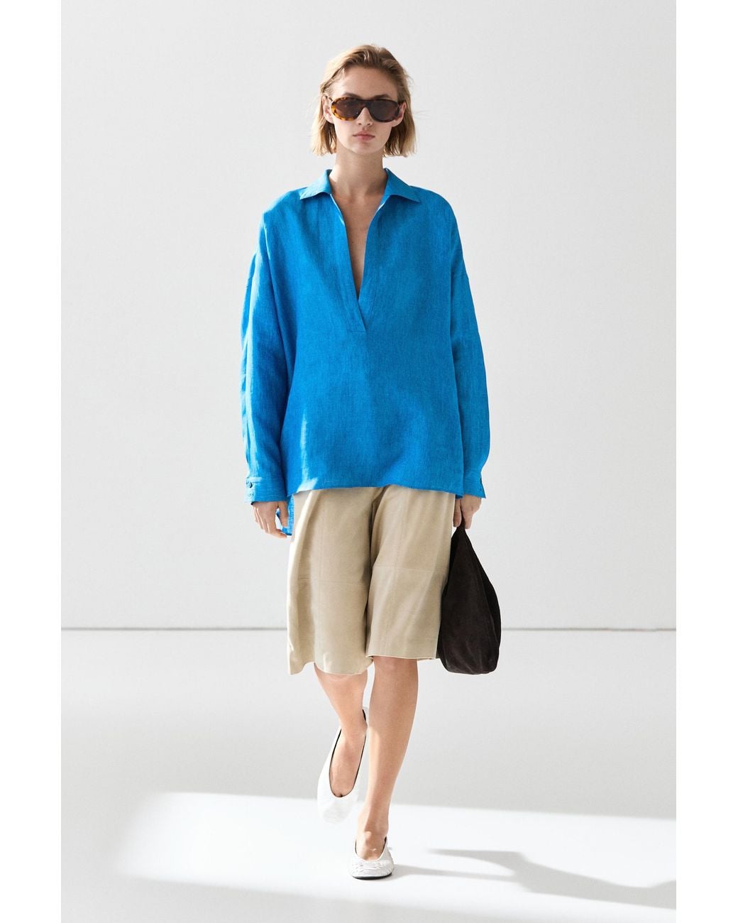 MASSIMO DUTTI Blue 100% Linen Flowing Blouse