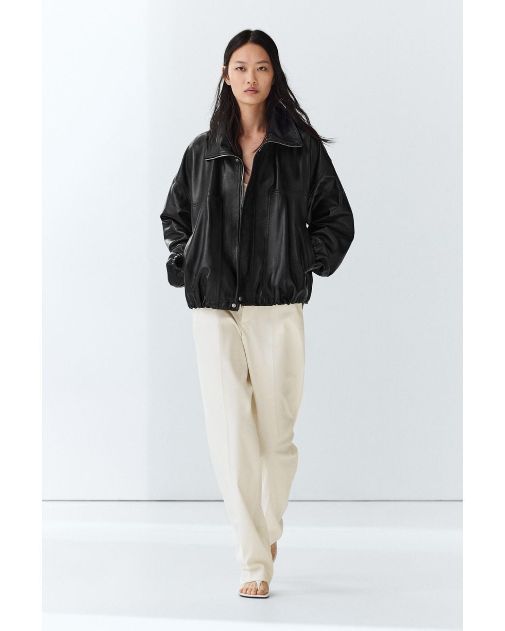 MASSIMO DUTTI Black Nappa Leather Bomber Jacket