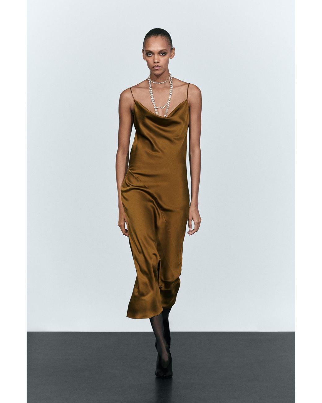 MASSIMO DUTTI Natural Flowing Satin Finish Midi Dress