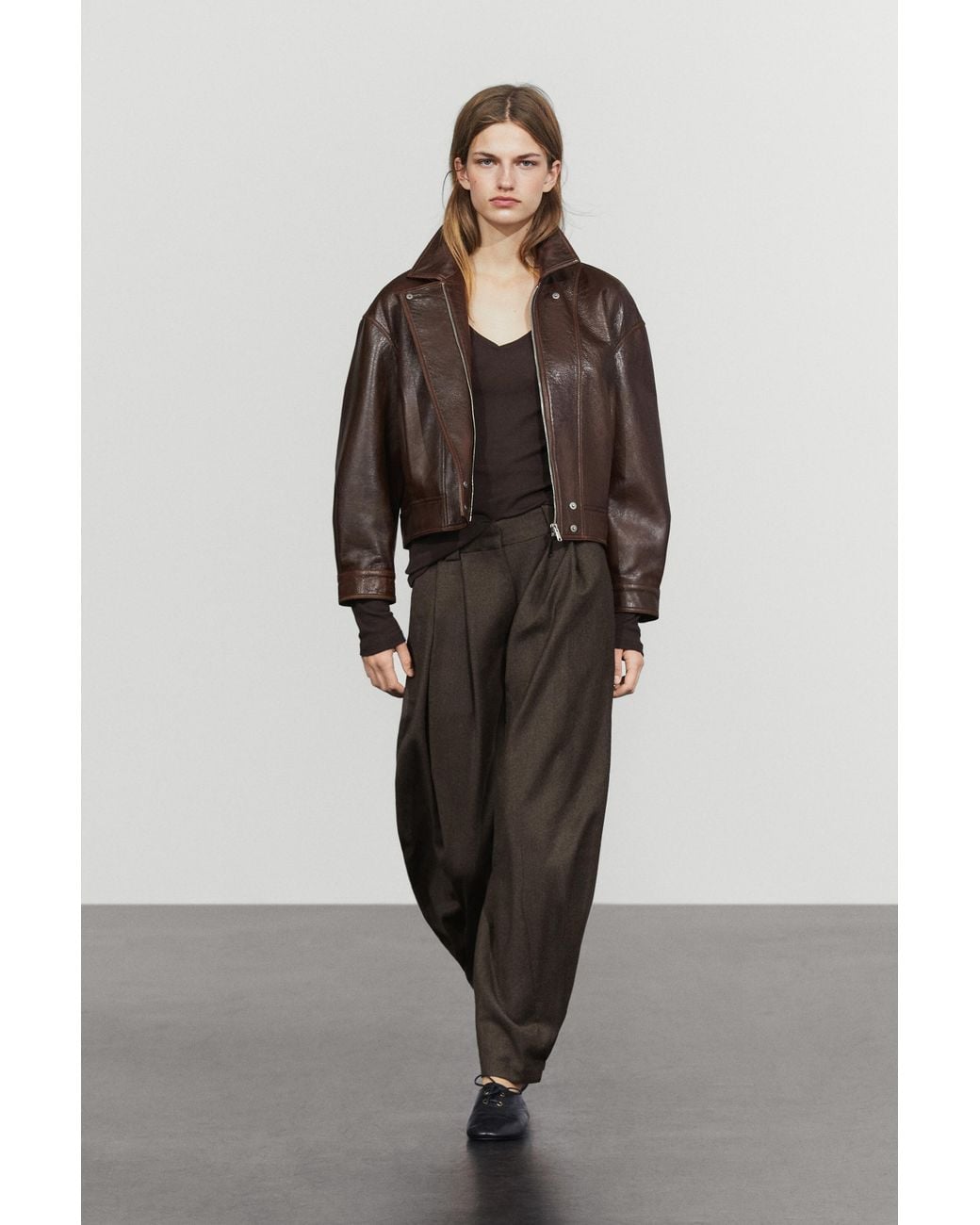 MASSIMO DUTTI Brown Wool Flannel Pants With Pleats And Suede Hem Detail