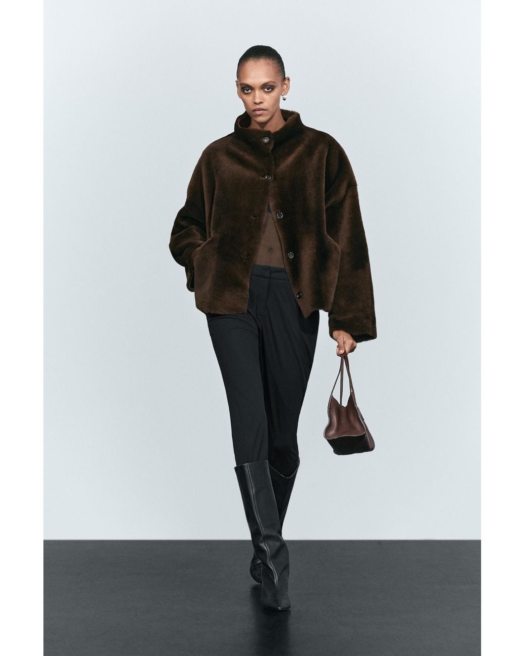 MASSIMO DUTTI Black Reversible Leather Coat With Fur