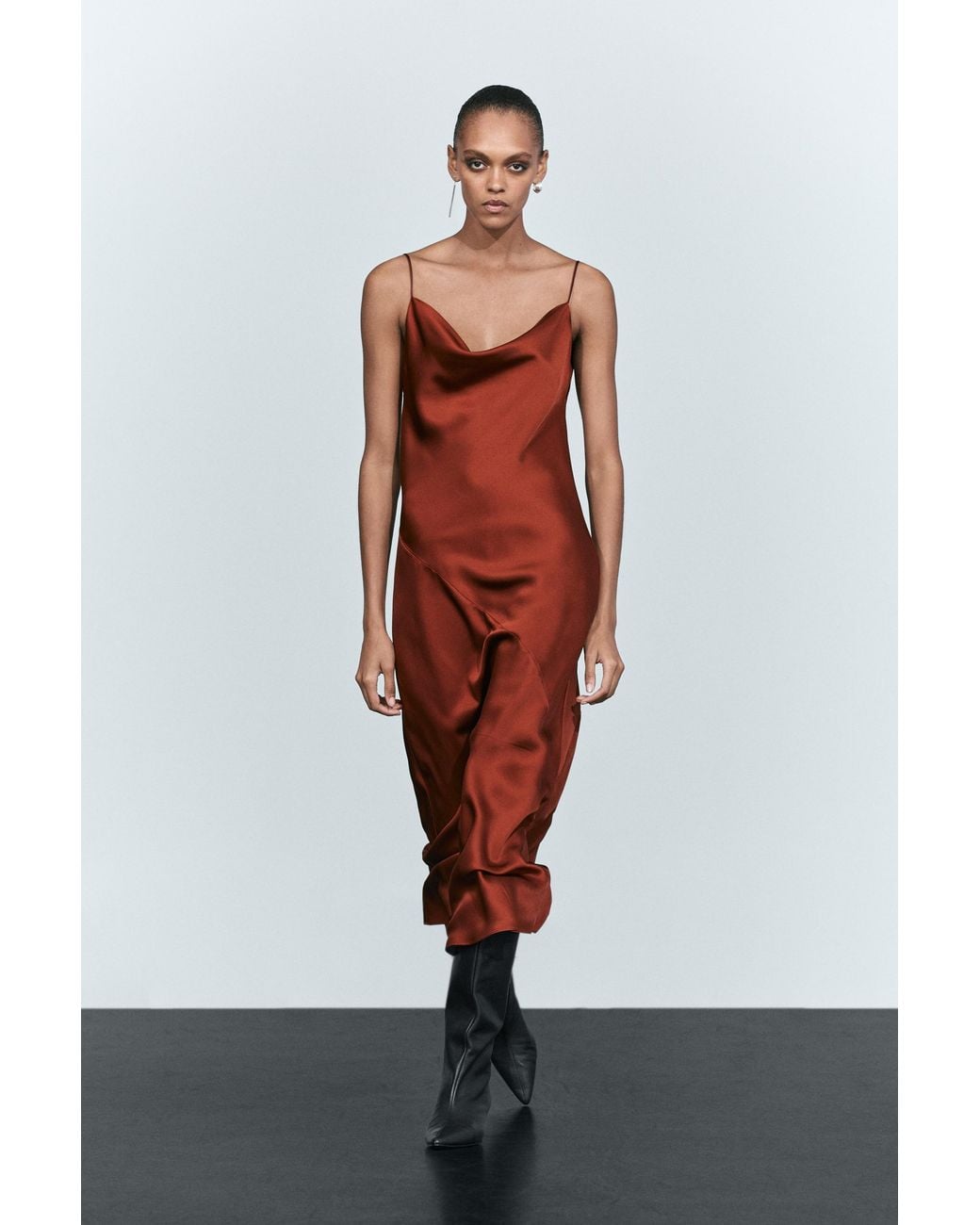 MASSIMO DUTTI Red Flowing Satin-Finish Midi Dress