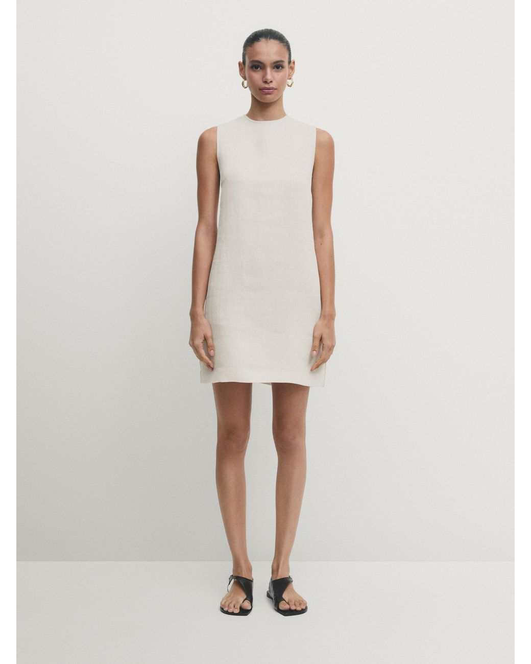 MASSIMO DUTTI Short Sleeveless 100% Linen Dress in White