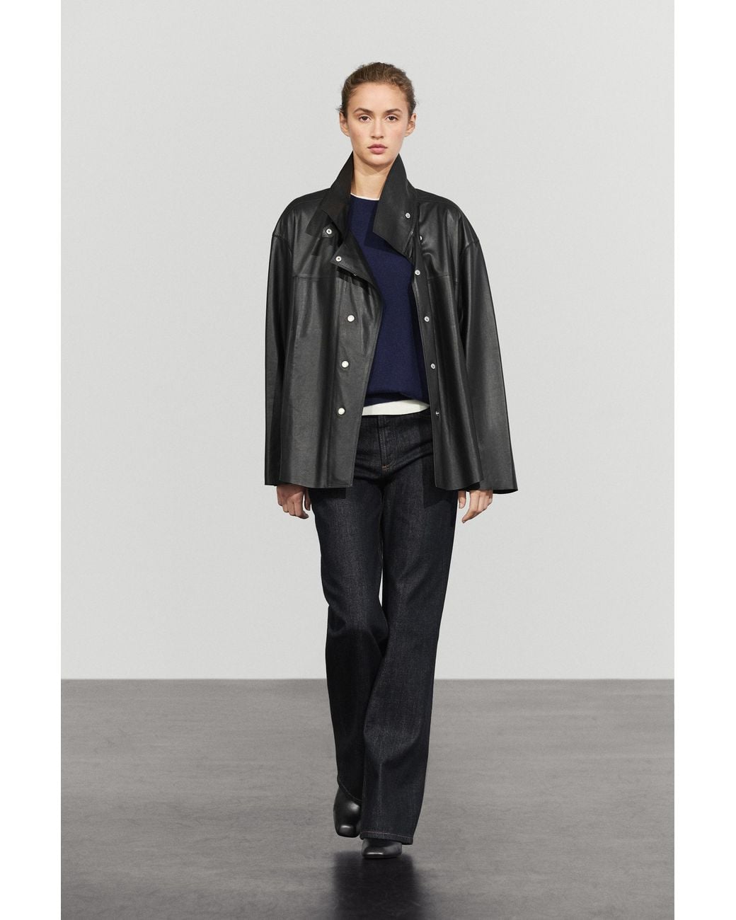 MASSIMO DUTTI Blue Leather Button Detail Jacket