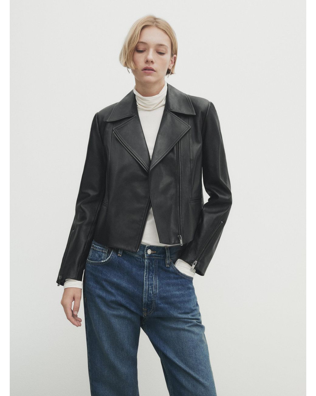 Massimo dutti leather biker jacket sale