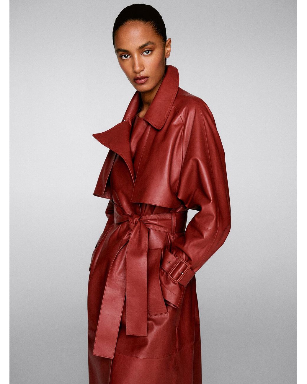 MASSIMO DUTTI Nappa Leather Trench Coat With Belt in Red | Lyst