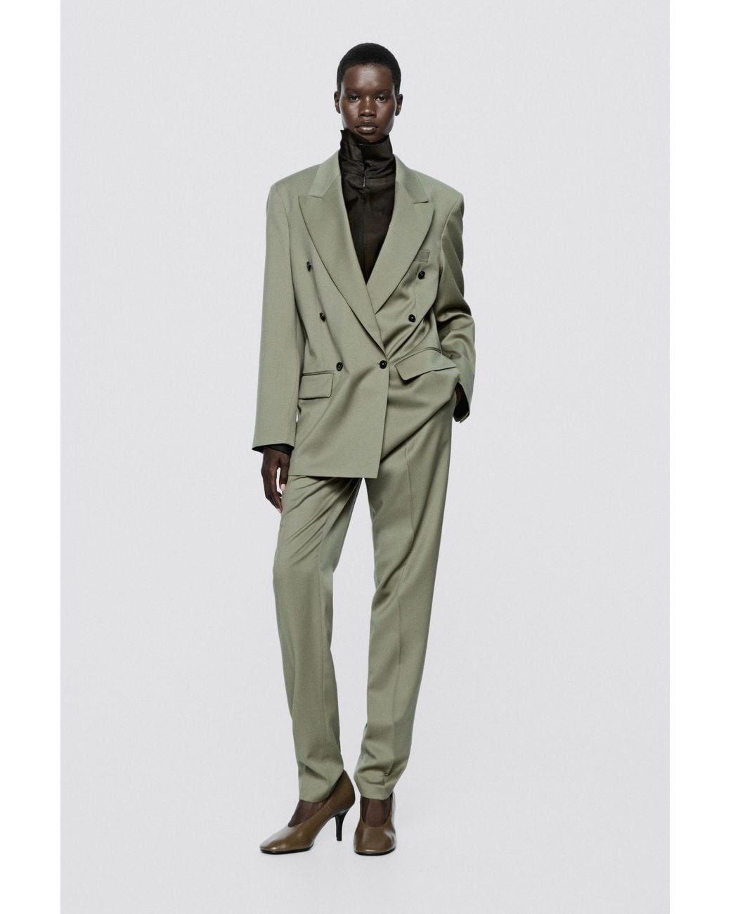 MASSIMO DUTTI Green Double-Breasted Oversize Suit Blazer