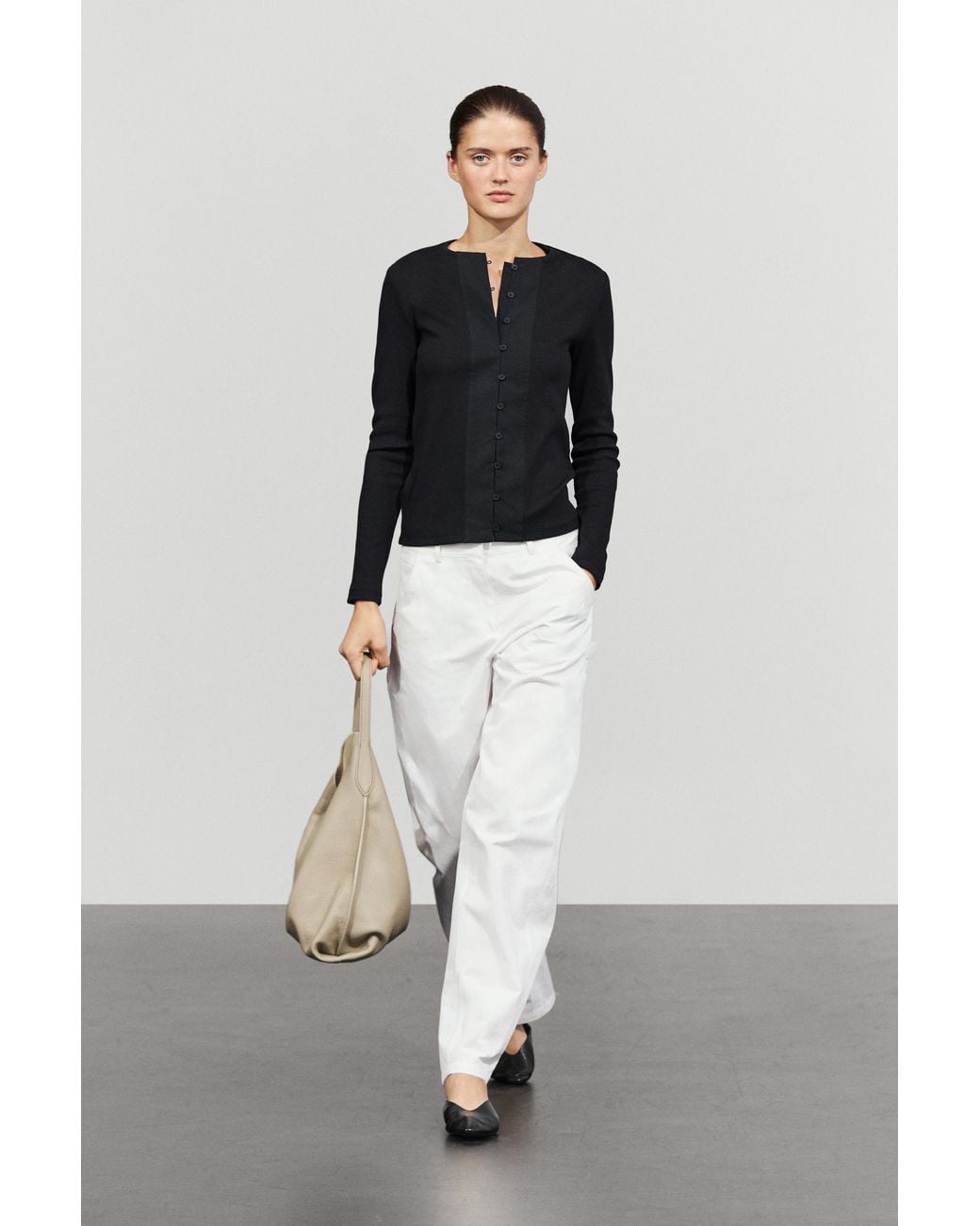 MASSIMO DUTTI White Cotton Blend Henley T-Shirt With Button Detail