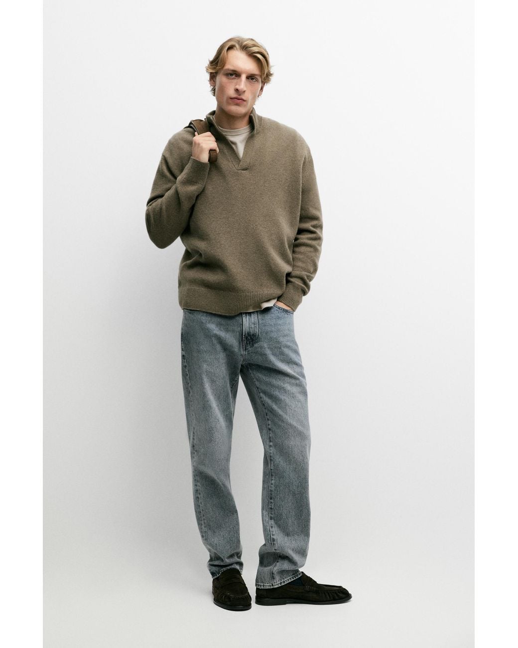 MASSIMO DUTTI Green 100% Wool Mock Neck Knit Sweater for men