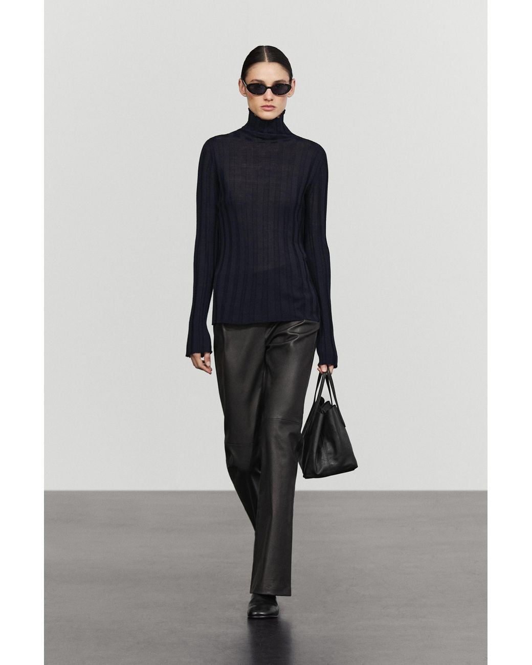 MASSIMO DUTTI Blue Ribbed Mock Turtleneck Knit Sweater