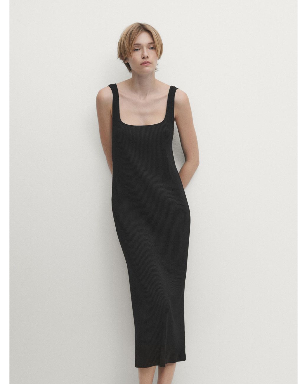 MASSIMO DUTTI Ribbed Midi Dress With Square Neckline Lyst UK