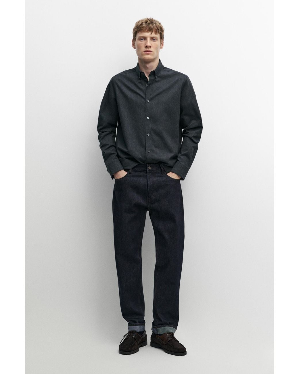 MASSIMO DUTTI Black Regular Fit 100% Cotton Oxford Shirt for men